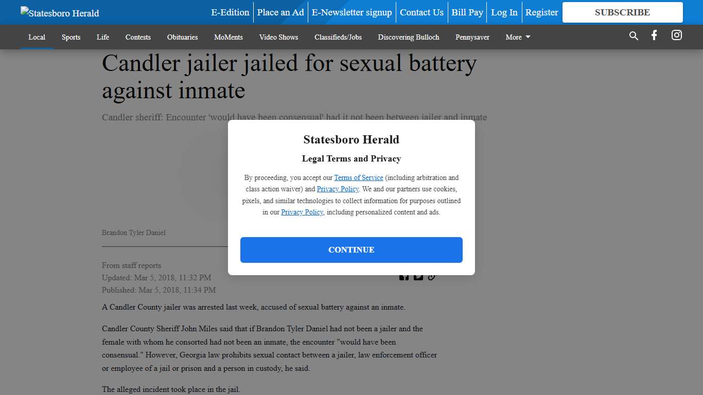 Candler jailer jailed for sexual battery against inmate - Statesboro Herald
