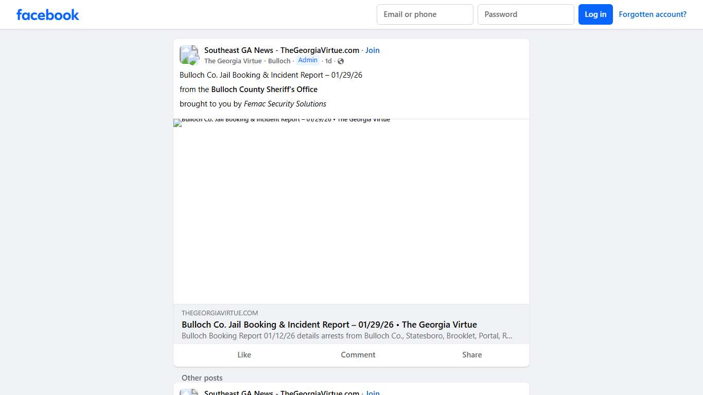 Southeast GA News - TheGeorgiaVirtue.com Bulloch Co. Jail Booking & Incident Report – 01/29/26 Facebook